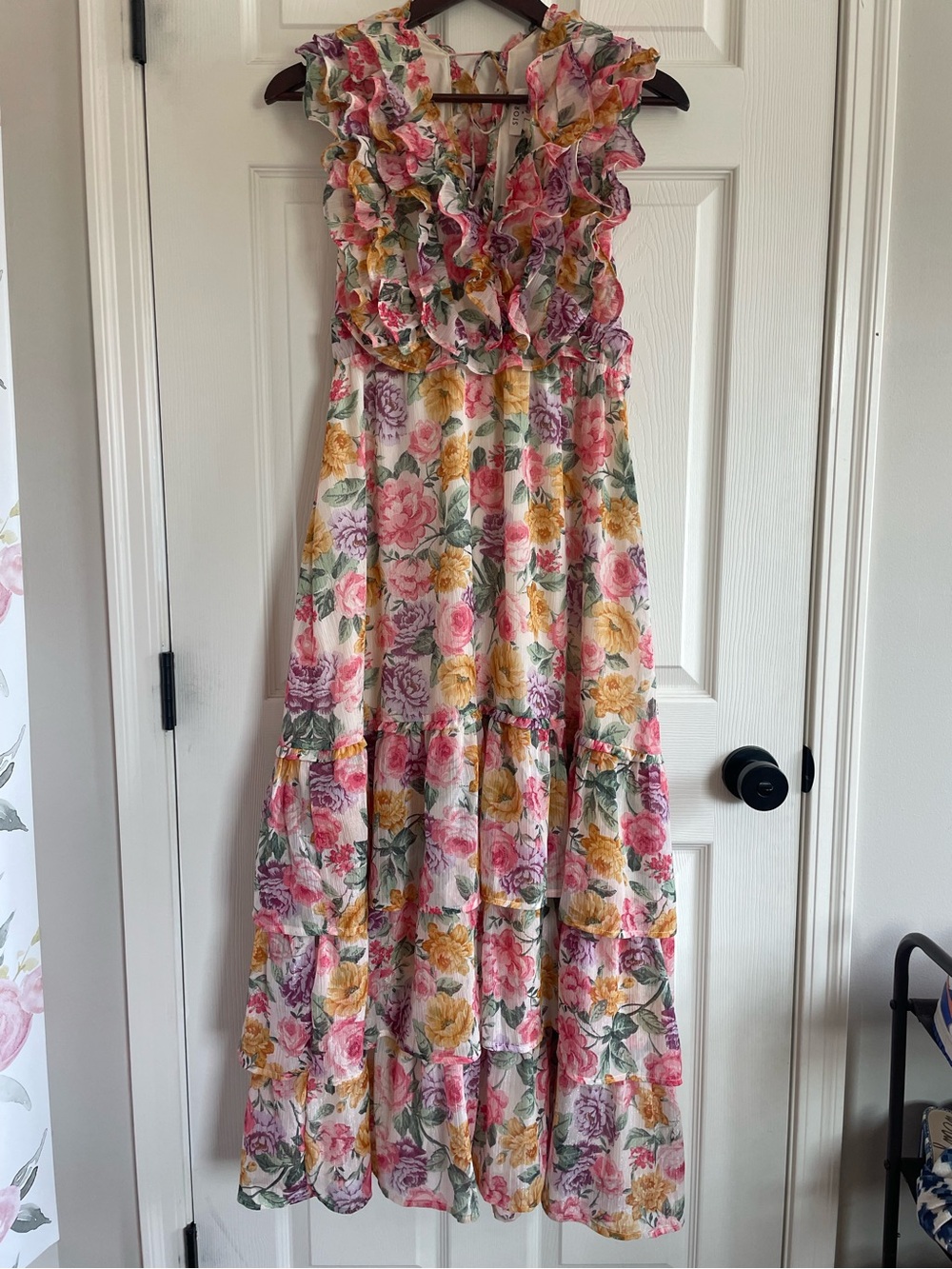 Storia Floral Tiered Ruffle Maxi Dress Pink Yellow Cottagecore Garden Wedding - Picture 2 of 9